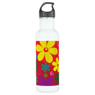 Colourful Flower Power on Red Pattern 710 Ml Water Bottle