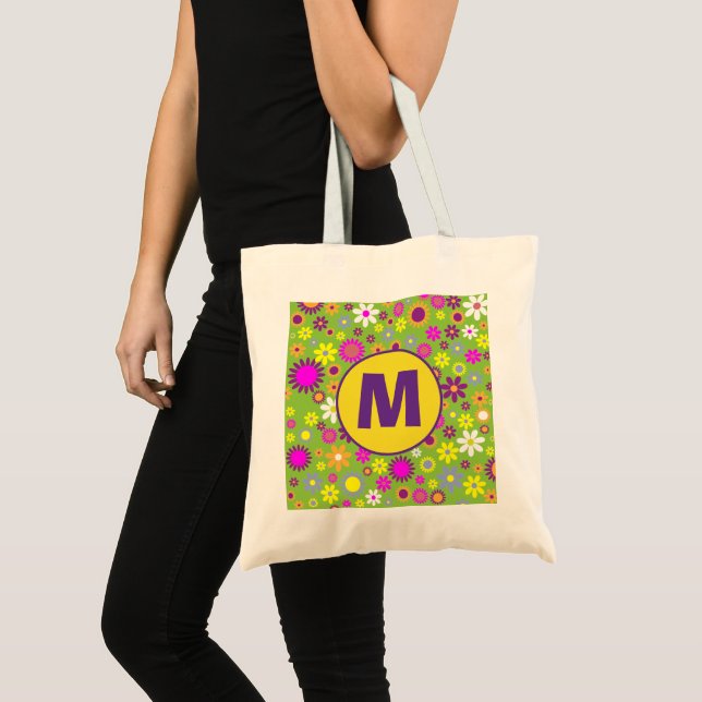 Colourful Flower Retro Sixties Floral Monogram Tote Bag (Front (Product))
