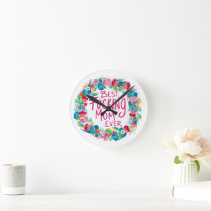 Colourful Flower Wreath Best F*cking Mom Ever Round Clock