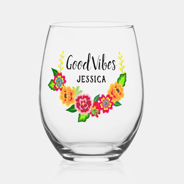 Colourful Flower Wreath Modern Good Vibes Name Stemless Wine Glass (Front)