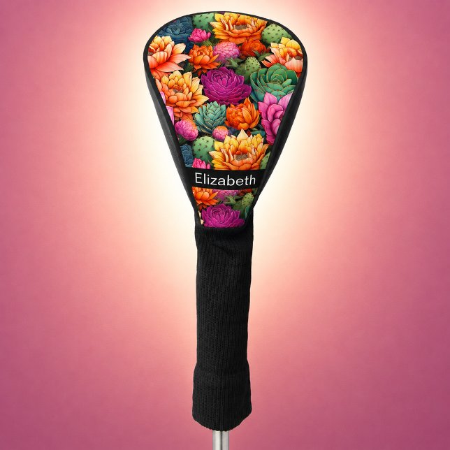 Colourful Flowering Cactus Personalized Golf Head Cover (colorful flowering cactus personalized golf club cover for women.)