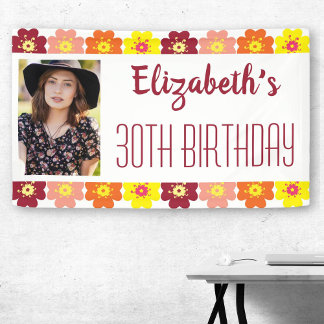 Colourful Flowers 30th Photo Birthday Party Banner