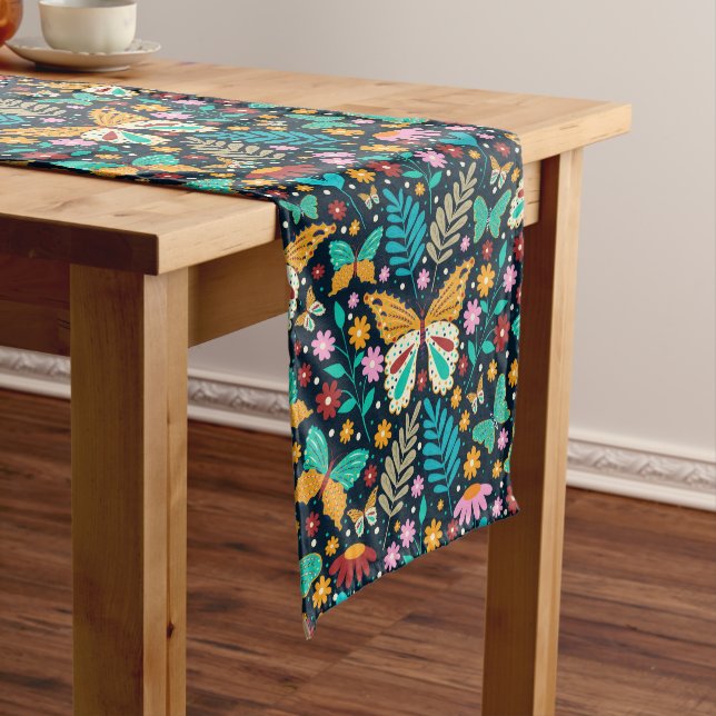 Colourful flowers and butterflies pattern medium table runner (In Situ)
