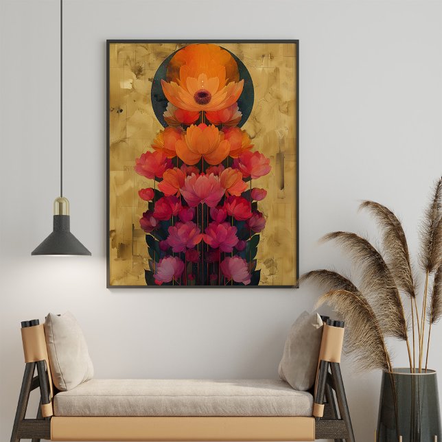 Colourful Flowers and Full Moon Painting Poster (Colorful Flowers and Full Moon Painting Poster in a boho living room.)