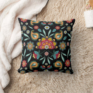 Colourful Flowers and Leaves Batik Style Throw Pillow