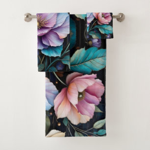 Colourful flowers and leaves black background bath towel set