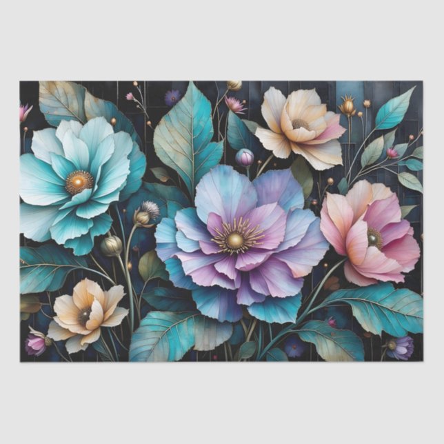 Colourful flowers and leaves black background II Tissue Paper (Front)