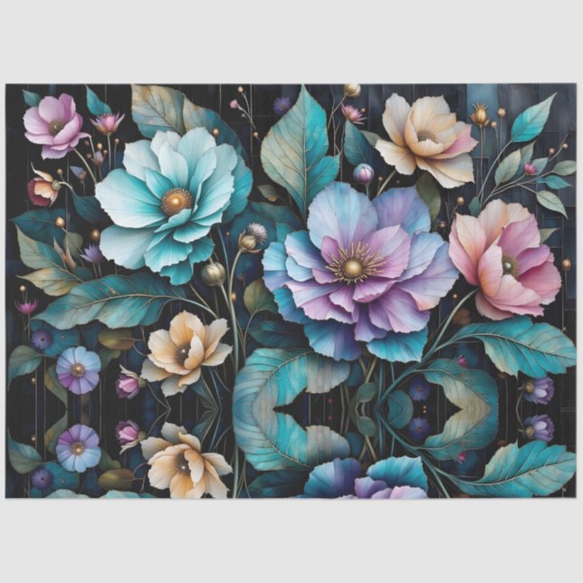 Colourful flowers and leaves black background tissue paper (Front)