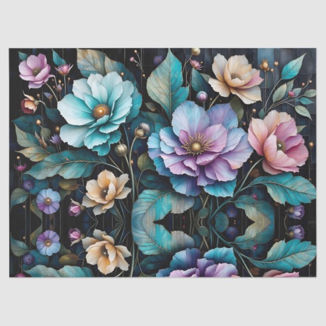 Colourful flowers and leaves black background tissue paper (Front)
