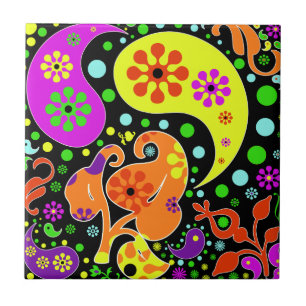 Colourful Flowers And Paisley Pattern Retro Trive Tile