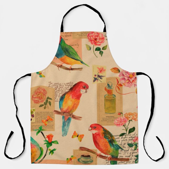 Colourful flowers and parrots pattern apron (Front)