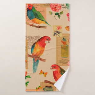 Colourful flowers and parrots pattern bath towel