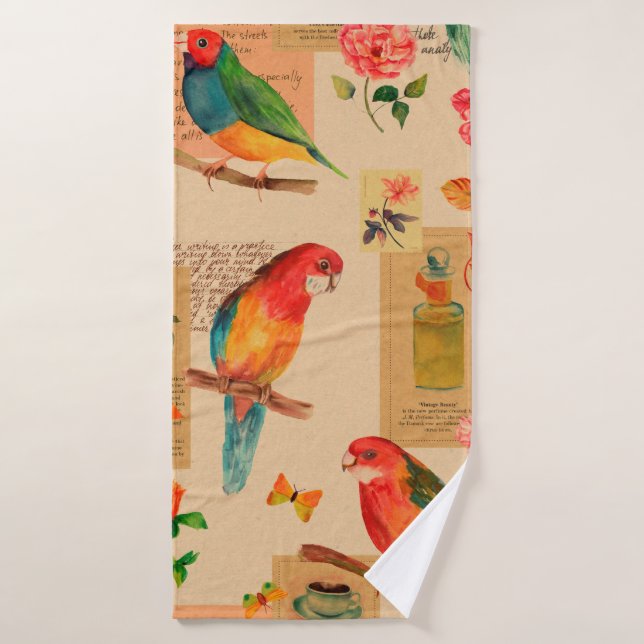 Colourful flowers and parrots pattern bath towel (Bath Towel)