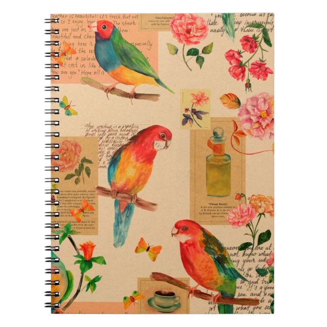 Colourful flowers and parrots pattern notebook (Front)
