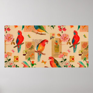Colourful flowers and parrots pattern poster