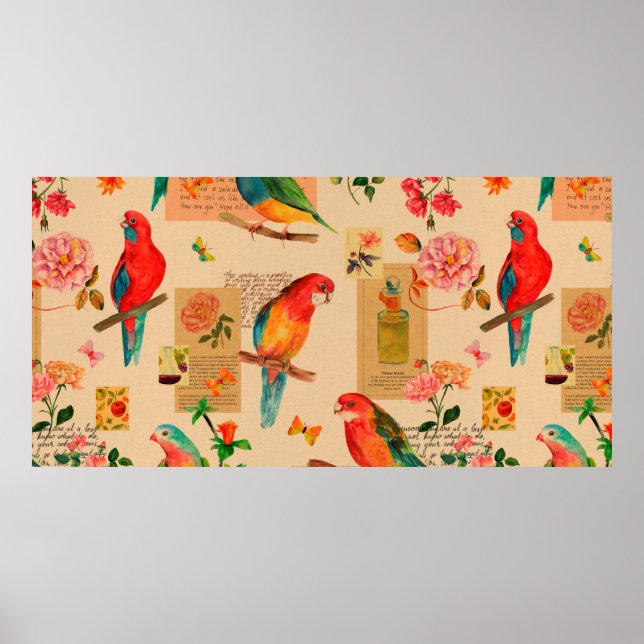 Colourful flowers and parrots pattern poster (Front)