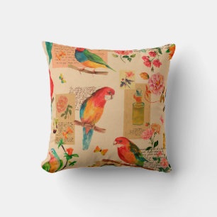 Colourful flowers and parrots pattern throw pillow