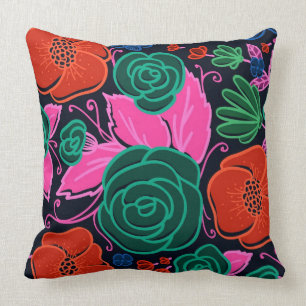 Colourful Flowers and Roses- Pink Green And Black Throw Pillow
