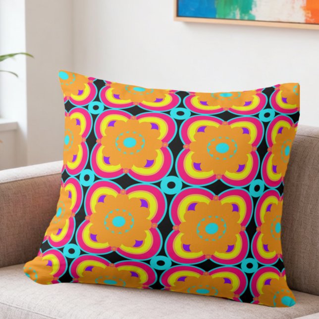 Colourful Flowers And Shapes Throw Pillow (Go big or go home. This retro flower pillow is all about bold color.)