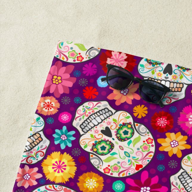 Colourful Flowers and Sugar Skulls Beach Towel (In Situ)