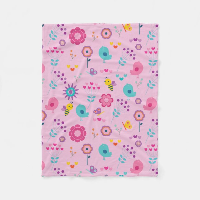Colourful Flowers Bees Birds Fleece Blanket (Front)
