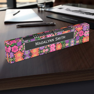 Colourful Flowers Black Background and Name Nameplate
