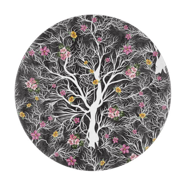 Colourful Flowers: Black Tree Seamless Cutting Board (Front)