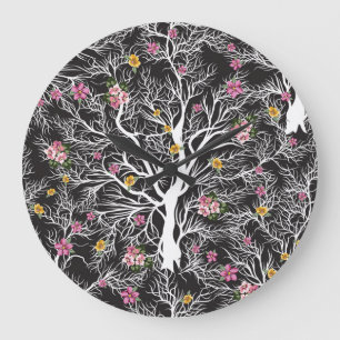 Colourful Flowers: Black Tree Seamless Large Clock