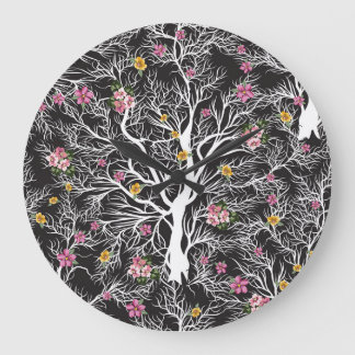 Colourful Flowers: Black Tree Seamless Large Clock