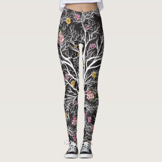 Colourful Flowers: Black Tree Seamless Leggings