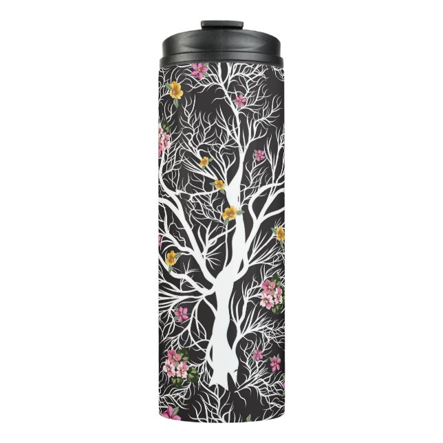 Colourful Flowers: Black Tree Seamless Thermal Tumbler (Front)