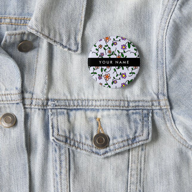 Colourful Flowers, Blue Background, Black 2 Inch Round Button (In Situ)