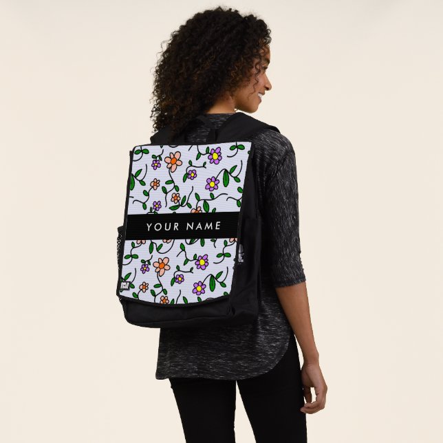Colourful Flowers, Blue Background, Black Backpack (Worn)