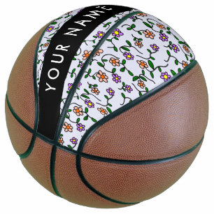 Colourful Flowers, Blue Background, Black Basketball