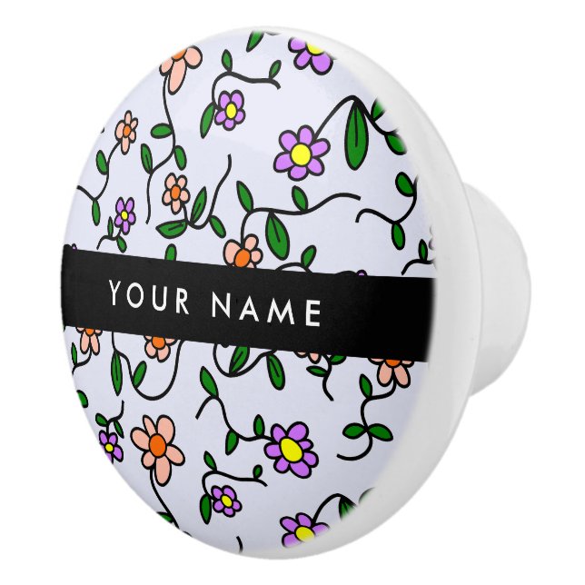 Colourful Flowers, Blue Background, Black Ceramic Knob (Right)