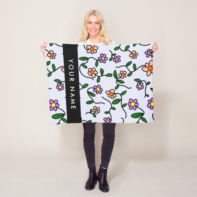 Colourful Flowers, Blue Background, Black Fleece Blanket (In Situ)