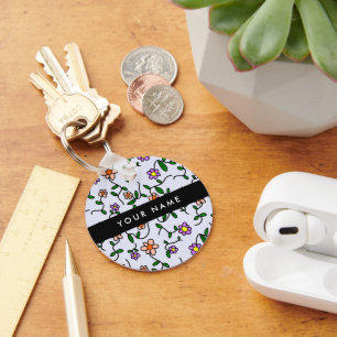 Colourful Flowers, Blue Background, Black Keychain