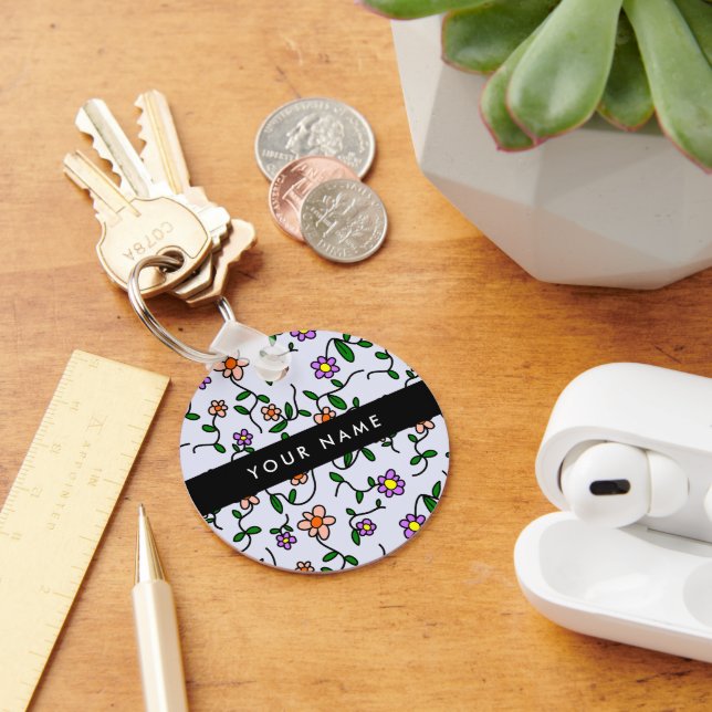 Colourful Flowers, Blue Background, Black Keychain (Desk)