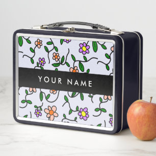 Colourful Flowers, Blue Background, Black Metal Lunch Box