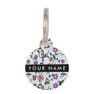 Colourful Flowers, Blue Background, Black Pet Tag