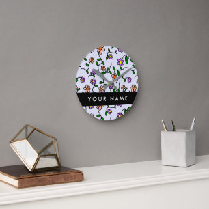 Colourful Flowers, Blue Background, Black Round Clock