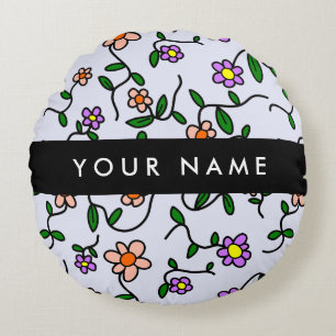 Colourful Flowers, Blue Background, Black Round Pillow