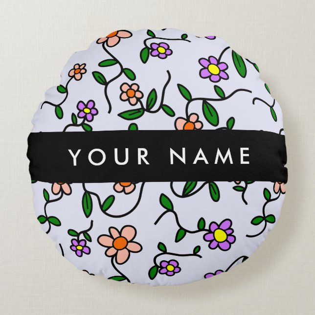 Colourful Flowers, Blue Background, Black Round Pillow (Front)