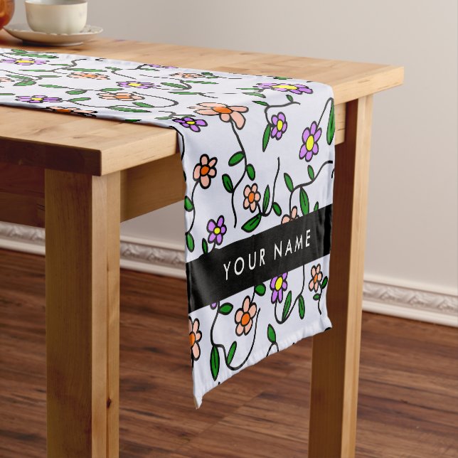 Colourful Flowers, Blue Background, Black Short Table Runner (In Situ)
