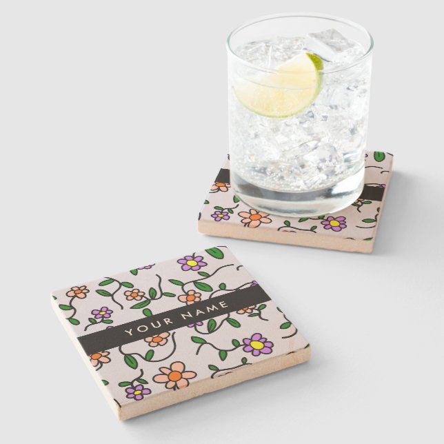 Colourful Flowers, Blue Background, Black Stone Coaster (Side)