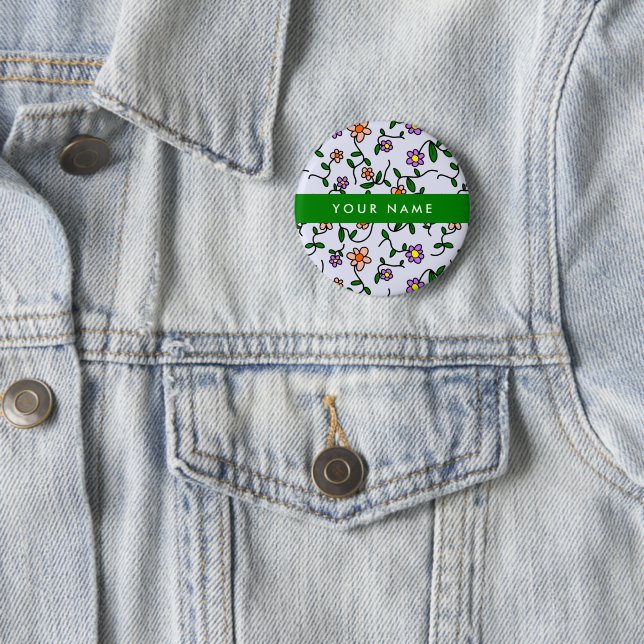 Colourful Flowers, Blue Background, Green 2 Inch Round Button (In Situ)