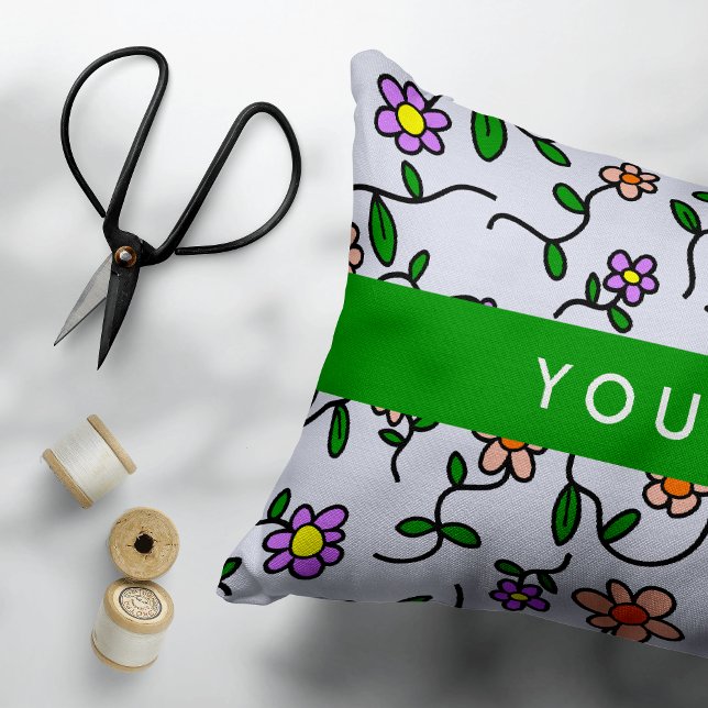Colourful Flowers, Blue Background, Green Accent Pillow (Creator Uploaded)