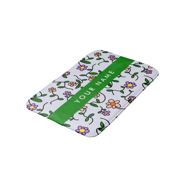 Colourful Flowers, Blue Background, Green Bath Mat (Angled)