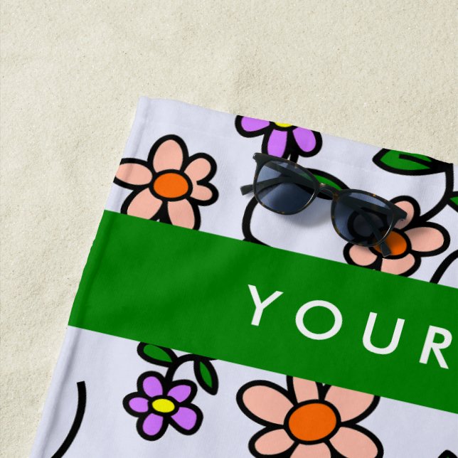Colourful Flowers, Blue Background, Green Beach Towel (In Situ)