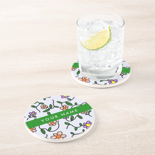 Colourful Flowers, Blue Background, Green Coaster (Side)